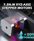 Front view of XYZ-axis stepper motor with metal housing and copper windings, 7.3 N·m torque.