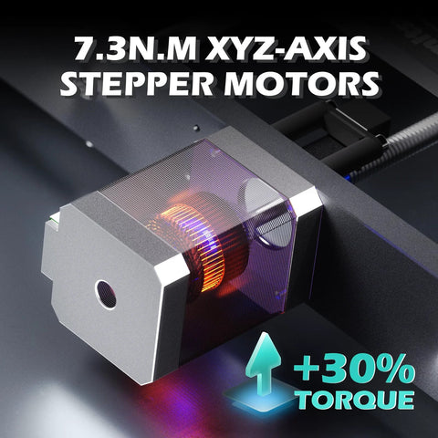 Front view of XYZ-axis stepper motor with metal housing and copper windings, 7.3 N·m torque.