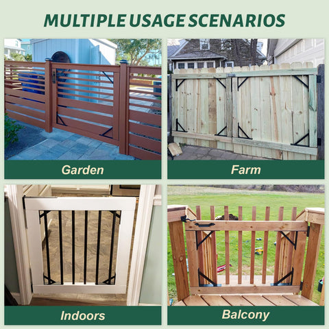 Beefy Heavy Duty Anti Sag Gate Kit With Gate Latch 120 Pound Capacity used in different scenarios like garden, farm, indoors, and balcony gates.