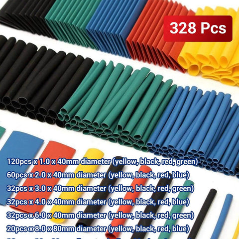 Heat Shrink Tubing Kit Flexible Insulation Sleeves For Wire And Cable Repair Electrical Waterproof Automotive And Home Use 2 Pack Mix Bagged Ideal For DIY Projects And Pro Electrical Work displayed in 328 pieces with assorted colors and sizes.