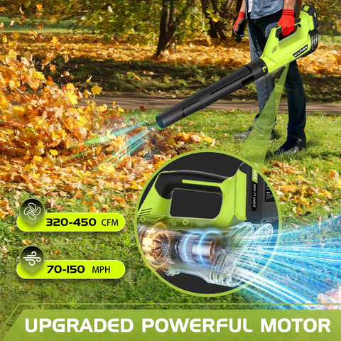 Person using Cordless Leaf Blower With 2 Batteries And Charger, blowing leaves on grass with speed settings and motor diagram.