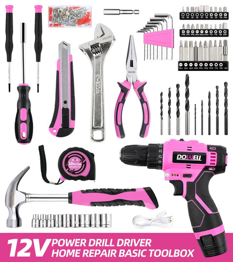 Pink 147 Piece Tool Kit With Twelve Volt Cordless Drill And Three Eighth Inch Keyless Chuck Built In LED Type C Charge Cable Women Friendly Home DIY Set For All displayed with drill and tools