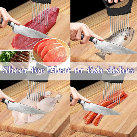 Boss Level Onion Holder And Slicer For Fast, Even Cuts, Non Slip Stainless Steel Tool That Doubles As A Meat Tenderizer, used with meat