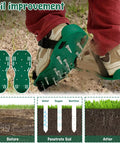 Person wearing spiked shoes for soil aeration, demonstrating soil improvement with diagrams showing before and after effects.
