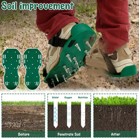Person wearing spiked shoes for soil aeration, demonstrating soil improvement with diagrams showing before and after effects.