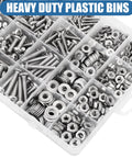 700-piece stainless steel nuts, bolts, and washers in a clear plastic organizer box with compartments