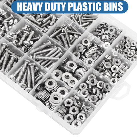700-piece stainless steel nuts, bolts, and washers in a clear plastic organizer box with compartments