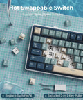Dope 75 Percent Wireless Mechanical Gaming Keyboard featuring tight gasket mount, showing hot swappable switches and key puller.