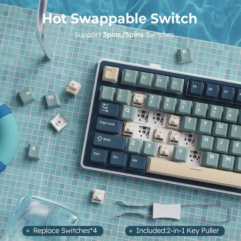 Dope 75 Percent Wireless Mechanical Gaming Keyboard featuring tight gasket mount, showing hot swappable switches and key puller.