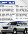 Chevy and GMC vehicle compatibility chart with image of a Chevy SUV for Front Wheel Hub Bearing Mounting Bolts Hardware Kit Four Pieces For Chevy Silverado 2500 3500 Express Suburban GMC Savana Sierra Yukon XL 1999-2019 Replaces 15719028 917519.