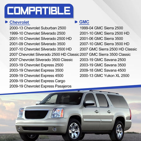 Chevy and GMC vehicle compatibility chart with image of a Chevy SUV for Front Wheel Hub Bearing Mounting Bolts Hardware Kit Four Pieces For Chevy Silverado 2500 3500 Express Suburban GMC Savana Sierra Yukon XL 1999-2019 Replaces 15719028 917519.