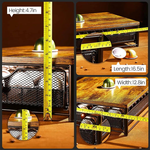 Wood And Iron Coffee Pod Holder Organizer For Drawer measuring 16.5x12.8x4.7 inches with a wood and alloy steel build.
