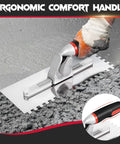 Demonstrating Pro Grade Versatile Tile Trowel Set With 6 Interchangeable Notched Blades And Quick Lock Handle on cement surface