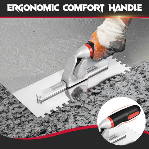 Demonstrating Pro Grade Versatile Tile Trowel Set With 6 Interchangeable Notched Blades And Quick Lock Handle on cement surface