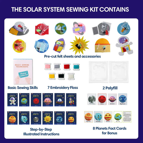 Solar System Sewing Kit For Kids: Beginner Felt Craft Set, pre-cut felt planets, floss, needles, and instructions