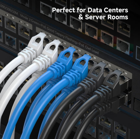 10Gbps Snagless Shielded Cat6a Ethernet Cable 10ft White Built For Lightning Fast Home Office Networks connected in server rack
