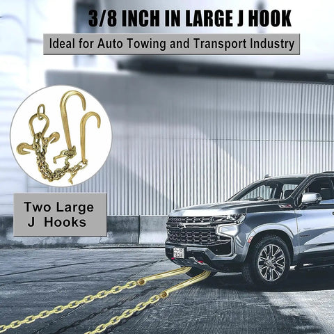 Three Eighths Inch Steel Towing Chain Bridle With 2 Ft Length, V Type Tow Chain, 15 Inch J Hooks, attached to SUV