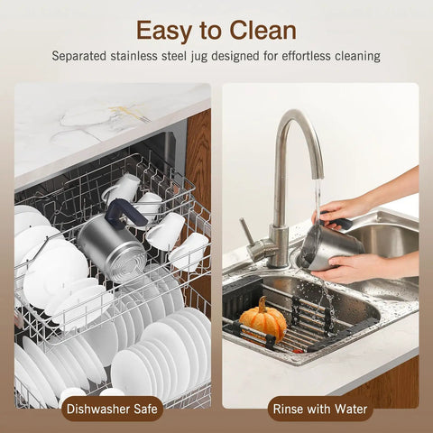 4 In 1 Electric Milk Frother And Steamer, 16.9 Oz Capacity, shown in dishwasher and being rinsed under faucet for easy clean