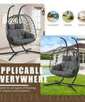 Double Egg Chair With Stand For Indoor Or Outdoor Use, Two Person Hanging Swing Chair With Cushions, Patio Porch Swing, Weather Resistant Metal Frame Wrapped In Wicker, 600 Pound Capacity, Grey indoors and outdoors