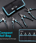 4-Piece Heavy Duty Snap Ring Pliers Set For 7 Inch Internal And External Circlip Pliers With 5/64 Inch Tip, Includes Straight And 90 Degree Angled Tools In A Compact Portable Case For Quick, No-Fuss Jobs, displayed with open roll pouch and pliers.