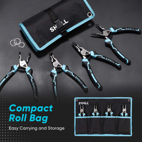 4-Piece Heavy Duty Snap Ring Pliers Set For 7 Inch Internal And External Circlip Pliers With 5/64 Inch Tip, Includes Straight And 90 Degree Angled Tools In A Compact Portable Case For Quick, No-Fuss Jobs, displayed with open roll pouch and pliers.