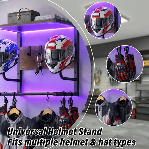 Badass Motorcycle Helmet Rack Wall Mount Featuring Remote Controlled RGB Ambient Light Strip For Grease Monkey Gear Storage With Solid Wood And Steel Build System with two helmets.