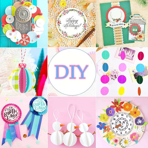 DIY cards and gift tags featuring designs and colors for various occasions, highlighting paper punch crafting for scrapbooking.