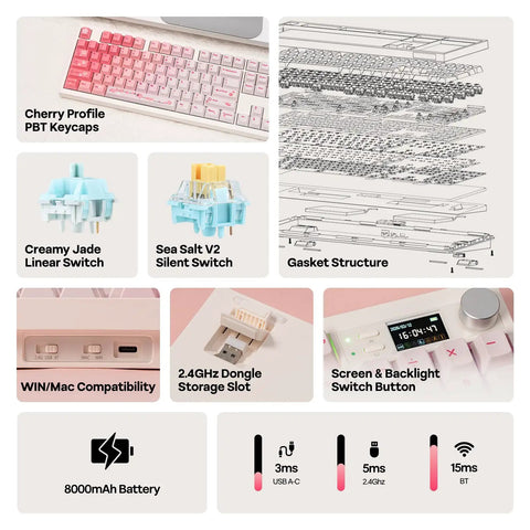 Cherry profile PBT keycaps, creamy jade, sea salt switches, gasket structure for Level Up Your Desktop Rig With This Full Size Mechanical Keyboard Featuring A Built In Display And Tuning Dial 104 Keys Built Different For Comfort With A Huge 8000Mah Battery For Flawless Typing.