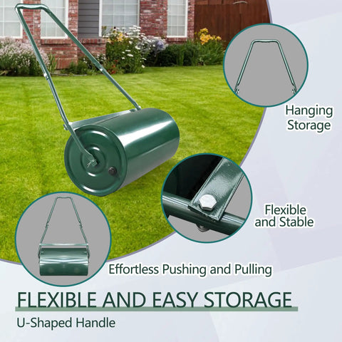 10 Gallon Lawn Roller With 20 Inch Steel Drum, Sand Or Water Fill, Heavy Duty Construction, U Shaped Ergonomic Handle on lawn