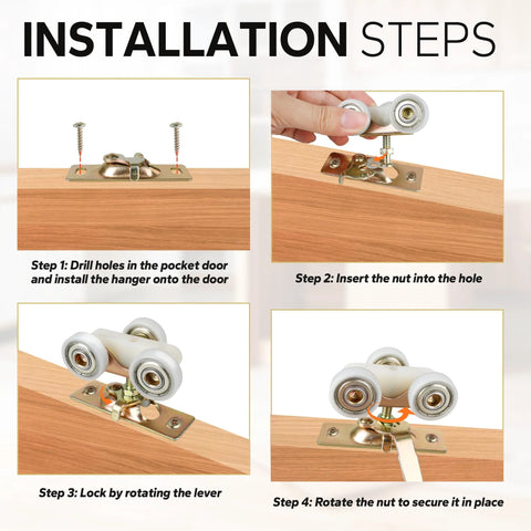 Installation steps for Pocket Door Roller Replacement Kit With Nylon Encapsulated Ball Bearing Wheels For 1125 And Upgrades 1500 Hardware Kit Three Wheel Pulley System Top Mounted Hangers Quiet Smooth Sliding 1 Inch Wheels 220 Pound Capacity