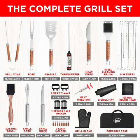 Heavy Duty 35 Piece BBQ Grill Tools Set In Stainless Steel With Case Includes Meat Thermometer Injector Claws Mats Spatula Tongs Forks Knife Basting Brush Cleaning Brush And All Purpose Grillin Accessories For Dad And Grill Masters displayed with tools labeled.