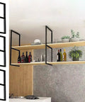 Rock Solid Heavy Duty Ceiling Mount Floating Shelf Brackets With Reinforced Double Layer Steel Support And Quick Install Hardware For Kitchen Living Room Home Decor, 800mm x 300mm, black finish, overhead storage with bottles and plants.