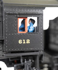 Close-up of K4 Four Six Two Pacific Locomotive With Dope DCC WOWSound PRR 612 cab detail, HO scale, showing realistic crew figure.