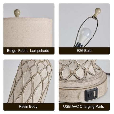Rustic Farmhouse Table Lamps Set Of 2 close-up of beige fabric shade, E26 bulb, resin body, and dual USB A+C charging ports