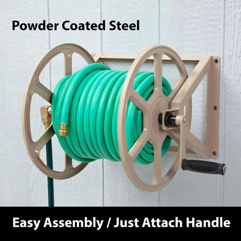 Heavy Duty Steel Hose Reel For Wall Or Floor Mount, Beefed Up To Hold 200 Feet Of Five Eighth Inch Hose mounted on wall