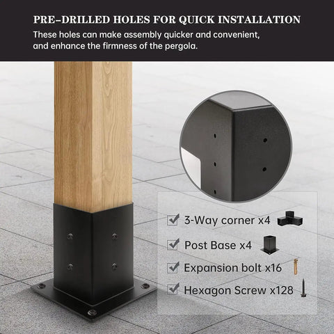 Four Pack 3-Way Right Angle Pergola Brackets With Post Base for 4x4 beams showing installation details and hardware parts.
