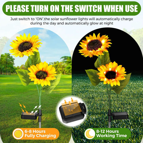 8 Pcs Solar Sunflower Lights With 16 LED Sunflower Solar Flowers Outdoor Garden Decor LED Stake Lights showing charging stages