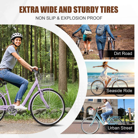 Foldable 26 Inch Beach Cruiser Bicycle For Women And Adults With 7 Speed Shifting, Quick Fold Design, Removable Lock in nature and urban settings