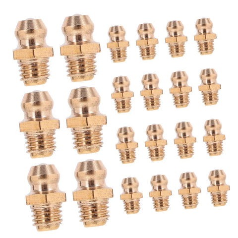 Hydraulic Grease Fittings Kit 25Pcs Set With Straight And Angled Zerk Fittings For Excavator Accessories in brass.