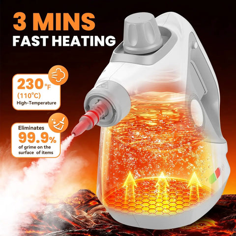 Powerful Portable Handheld Steamer Shooting Scalding Vapor To Wreck Stubborn Pan Grease And Baked On Filth On Tile Linoleum And Fabric Seats With 14 Heavy Duty Tools For No Sweat Scrubbing And Spotless Shine, showcasing fast heating and vapor flow.