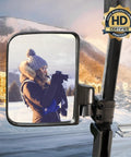 No Drilling Golf Cart Mirror Kit With 180 Degree Rotation Foldable HD Shatterproof Glass reflects a snowy landscape and person.