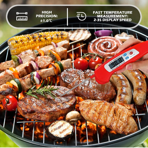 6 Piece Digital Meat Thermometer Set Foldable Instant Read Waterproof Probes With Magnetic Backing In Black And Red For Grill