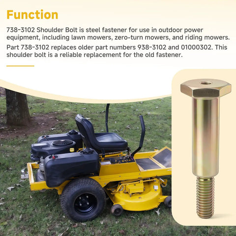 Yellow lawn mower with steel shoulder bolt insert on side, part 738-3102 replacement for outdoor power equipment applications.