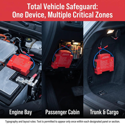 Automatic Vehicle Fire Extinguisher Dual Pack Engine Bay Heat Trigger for passenger cabin and trunk fire protection.
