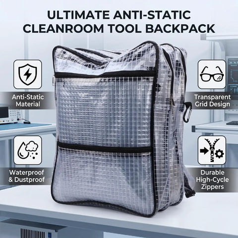 Badass Clear Pvc Engineer Tool Backpack Featuring Quick Access Grid Pockets Anti Static Waterproof Construction Slick Zippers That Let You Snag Your Gear Fast side view in cleanroom environment