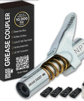 Locking Grease Gun Coupler That Stays On Tight For Zerk Fittings No Leaks Or Slip Off Easy Release Under Pressure Handles Up To Ten Thousand PSI One Eighth Inch NPT Fits All Grease Guns Steel Jaws Rebuild Kit Included with packaging and rebuild kit