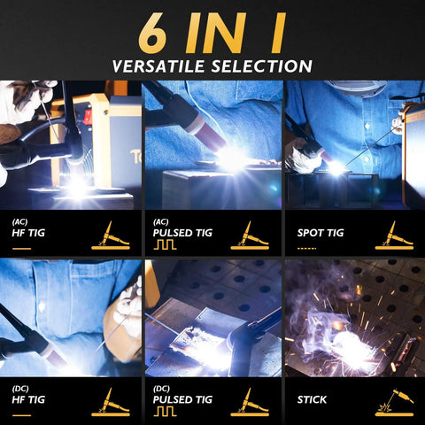 Beast Mode Six In One 200A AC DC TIG Welder With Pulse Dual Voltage 110V 220V IGBT Inverter Large LED Display multiprocess settings overview