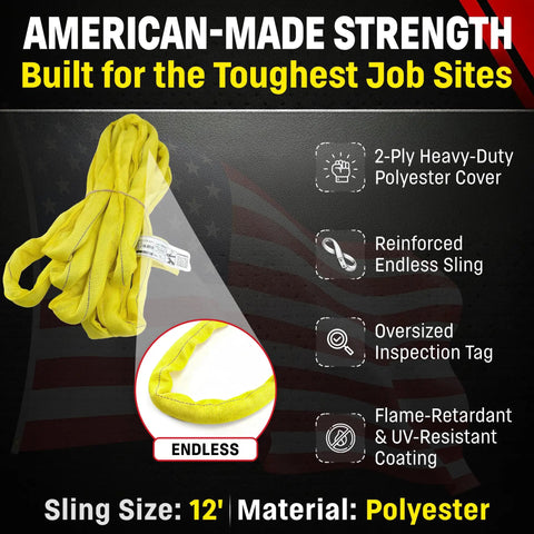 Beefy Yellow VR3 Round Sling 12 Ft Endless Poly Rigging Sling For Lifting And Material Handling, USA Made, 8,400 Lb Vertical