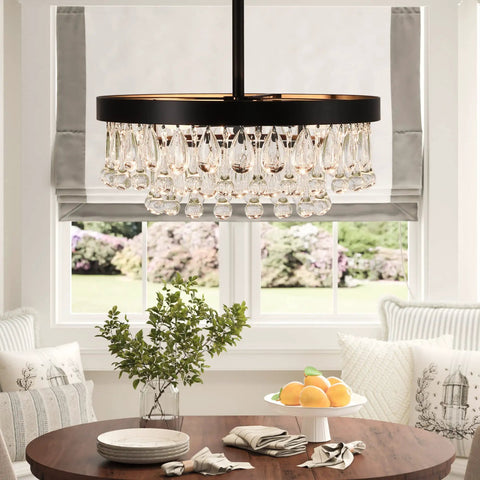 Vintage Black Crystal Drops Close-To-Ceiling Round Tiered Chandelier Flush Mount For Bedroom Kitchen Hallway Dimmable 3-Light
