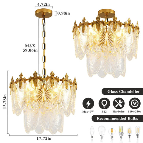 Next Level Two Layer Gold Crystal Glass Chandelier And Four Light Round Pendant Fixtures With Brushed Brass Finish and adjustable height.